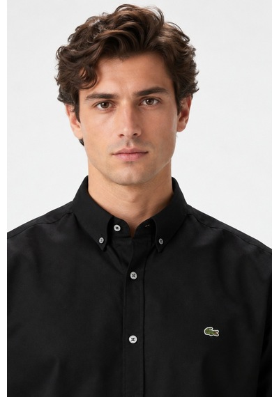 Lacoste Mens Slim Fit Black Shirt Dar Kesim Pamuklu Erkek Gömlek Siyah