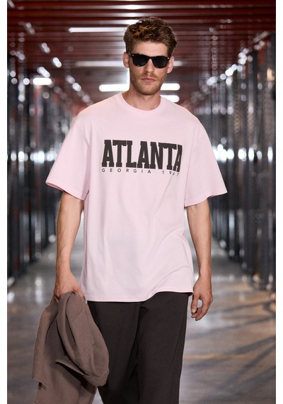 Grimelange Grımelange Atlanta Erkek %100 Pamuklu Kısa Kollu Baskı Detaylı Koyu Pembe T-shirt