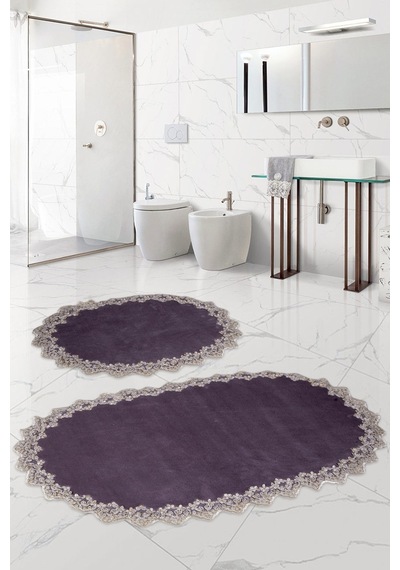Venüs Gri 2'li Dantelli Banyo Paspası Seti Çeyizlik Kaymaz Tabanl Gri