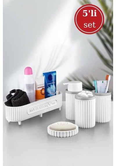 Flora 5 Parça Banyo Seti Çok Amaçlı Sepet, Sıvı Sabunluk, Katı Sabunluk, Diş Fırçalık, Pamukluk Beyaz