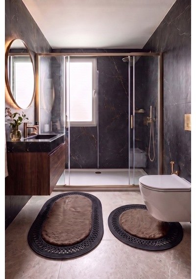 Banyo Paspası Takımı 60x100+60x60 Cm İç Trikot Mouss Kahve & Siyah