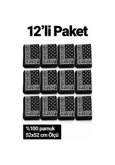 Herşeynota 12 Li Siyah Beyaz Paisley Desenli Fular Seti %100 Pamuk 52x52 Cm Günlük Kullanım Çok Renkli