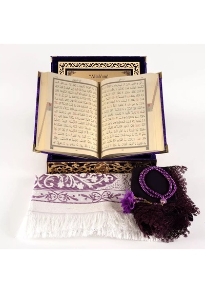 Şal + Seccade + Tesbih + Kuran Hediye Seti Orta B. Şems Lafzatullah Gold Pleksi Raşel Kutu, Mor