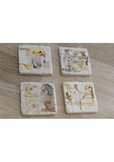 Vintage Figür Kolaj Doğal Taş Bardak Altlığı 4'lü Set - Natural Stone Coasters - Taş Çok Renkli