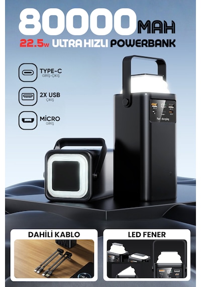 80.000mah Forefo Kablolu Led Fenerli Taşınabilir 22.5w Hızlı Şarj Destekli Güç Bankası Powerbank Siyah