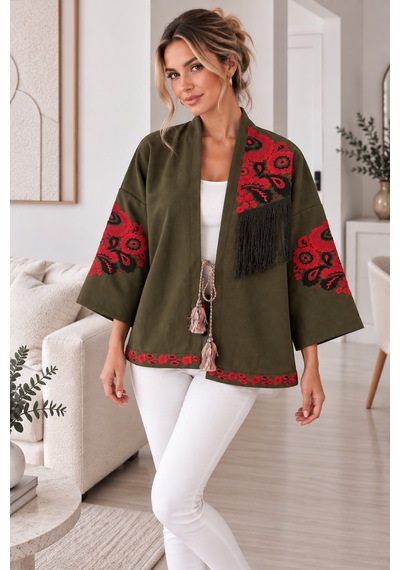 Lima Haki Kadın Nakışlı Ceket Etnik Desenli Püskül Detaylı Kimono Ceket