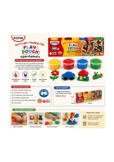 Fatih Play Dough 4 Renk Oyun Hamuru 400 Gr Yumuşak Ve Hafif Modelleme Hamuru 3+ Yaş Çok  Renkli