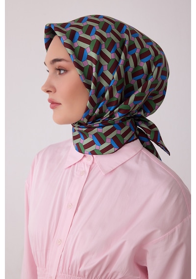 Belli Geometrik Desen %100 Twill İpek Eşarp Be07 Bordo-lila