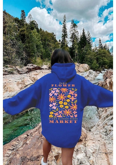 Flower Baskılı Oversize Sweatshirt Mavi