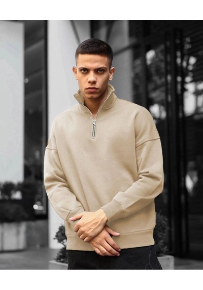 Freedom Storee Erkek Yarım Fermuarlı Üç İplik Sweatshirt - Bej Çok Renkli