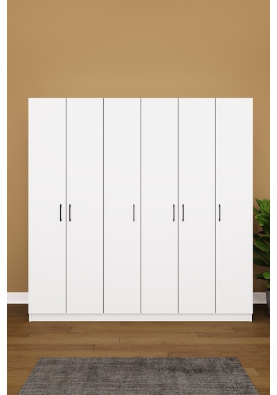 Asra Trend 6 Kapaklı Gardırop G-06 %100 MDF Çift Katlı Askılı Elbise Dolabı Beyaz