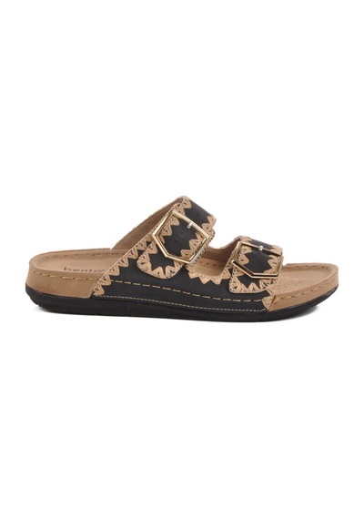 Bento 41001 Kadın Çift Toka İşlemeli Comfort Terlik Siyah