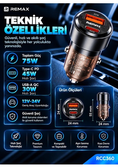 Remax Rcc360 75w Pd 45w Type-c Ve Qc 30w Usb-a Şeffaf Araç Şarj Cihazı