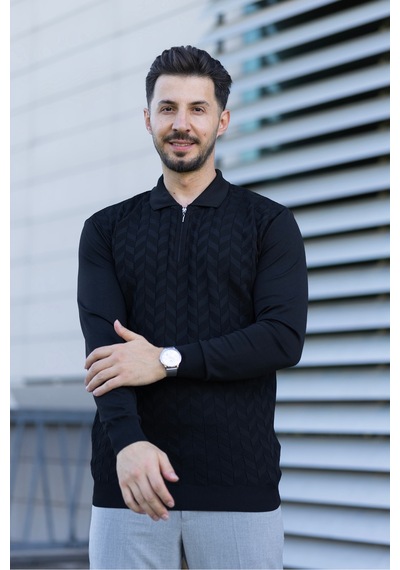 Hk Premium Erkek Triko Kazak Zikzak Desenli Polo Yaka Fermuarlı Slim Fit Siyah