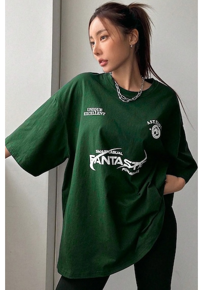 Fantastic Baskılı Unisex Oversize Tshirt Yeşil