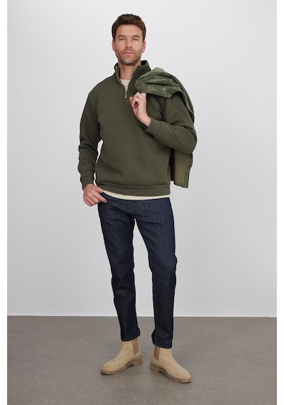 Tudors Unisex Relax Fit Rahat Kesim Pamuklu İçi Polarlı Yarım Fermuarlı Haki Dik Yaka Sweatshirt-35153 Haki