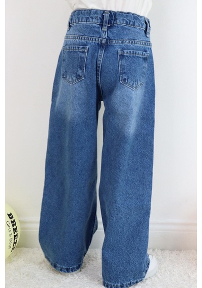 Breeze Kız Çocuk Jean Pantolon İnci Detaylı Fiyonk İşlemeli 5-9 Yaş, Mavi Mavi
