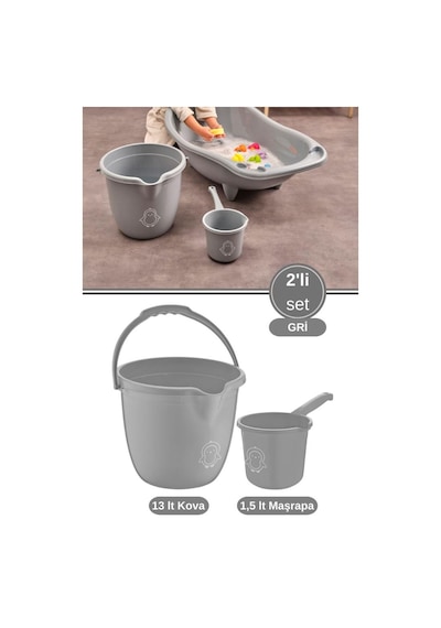 2 Li Bebek Banyo Su Kovası Ve Maşrapası Seti, Saplı Oluklu Kova 13lt Ve Maşrapa 1,5lt Set Gri Gri