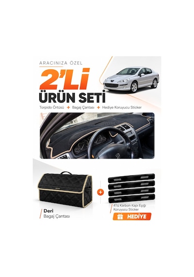 Peugeot 407 2004-2010 Uyumlu Torpido Örtüsü + Deri Bagaj Çantası + Sticker Seti - Siyah Bej