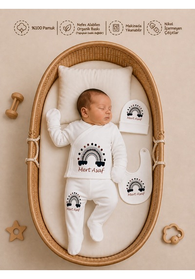 Pia Baby Erkek Bebek Zıbın Seti 5'li İsimli Kişiye Özel %100 Pamuk Organik Baskılı 1086zyx Krem