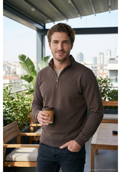 Buratti Pamuklu Regular Fit Yarım Fermuarlı Dik Yaka Erkek Sweat 5905470 Koyu Kahve