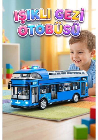 Sesli Işıklı Sürtmeli Büyük Boy Eğitici Oyuncak Araba Gezi Otobüsü Mavi