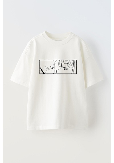 Thewert Unisex Kedi Ve Kız Cizim Tasarım Baskılı Pamuk Beyaz Oversize T-shirt