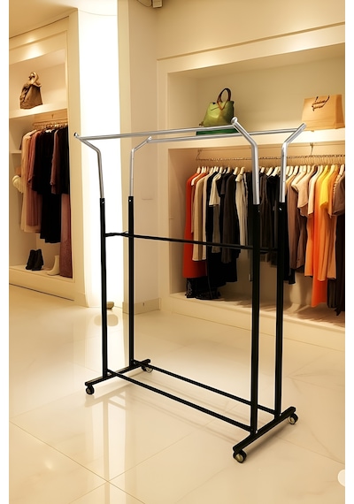 V Ayarlı 125 Cm En Çelik Konfeksiyon Elbise Askılık Tekerli Portatif Raf Home Hanger Siyah