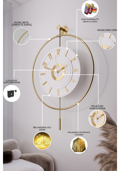 Metaquartz Aksesuar 7-24h - Büyük Boy -timelless Kristal Pilli Quartz , Metal Duvar Saati Gold