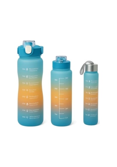 3 Lü Renkli Suluk Seti Motivasyonlu Spor Matara Seti 2l, 900ml Ve 300ml Su Şişesi Sızdırmaz, Dayanıklı, Şık Tasarım Mavi-turuncu 0
