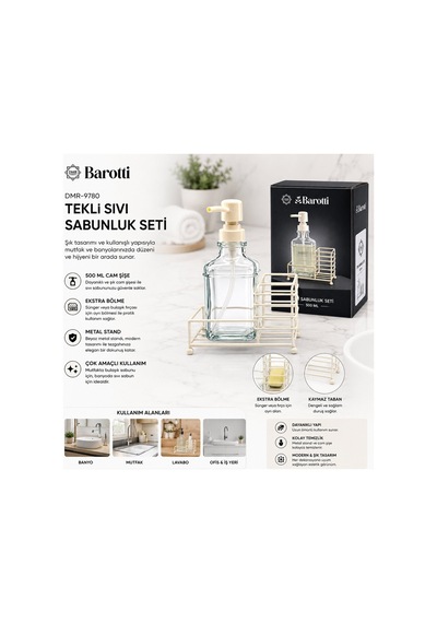 Barotti Dmr-9780 Cam Şişe Sıvı Sabunluk Seti 500 Ml - Beyaz Metal Standlı