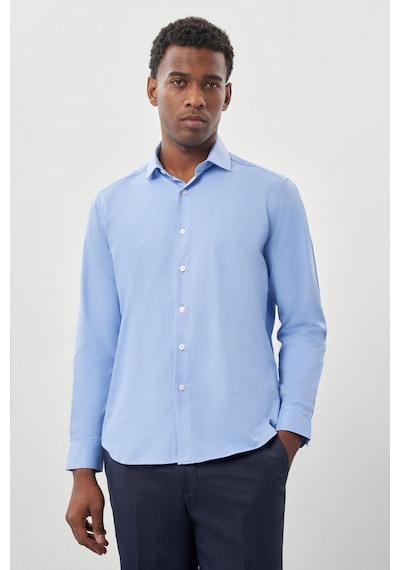 İmza Mavi Uzun Kol Düz Bez Ayağı Yarım İtalyan Yaka Cepsiz Pamuklu Classic Slim Fit Gömlek 1004245268 Mavi