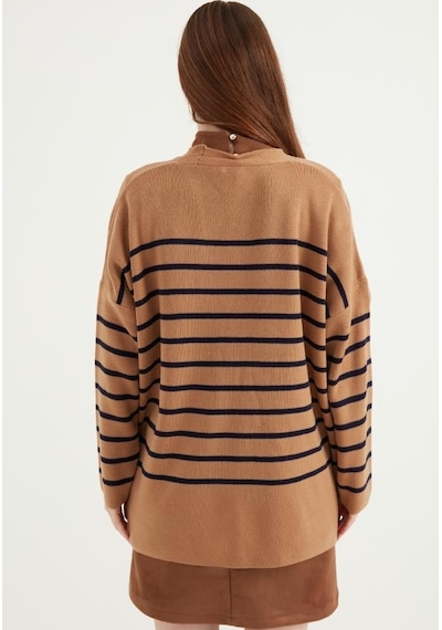 Cizgili Oversize Camel Hırka 23aj0050 Camel