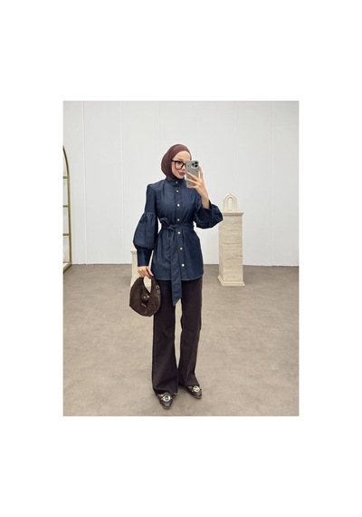 Meecy Denim Tesettür Balon Detaylı Kuşaklı Gömlek Lacivert Lacivert