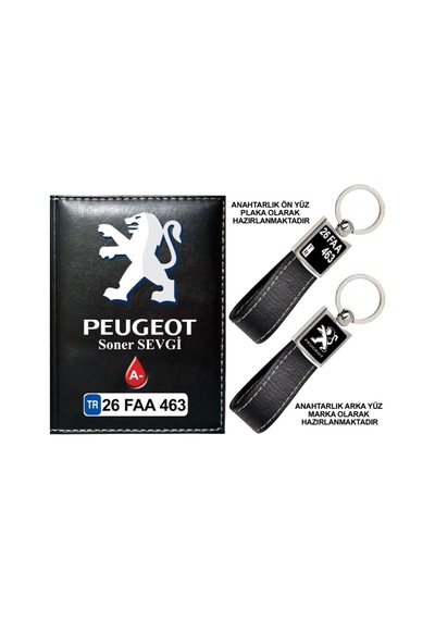 Plakanıza Özel Peugeot Logolu Siyah Ruhsat Kabı Ve Anahtarlık