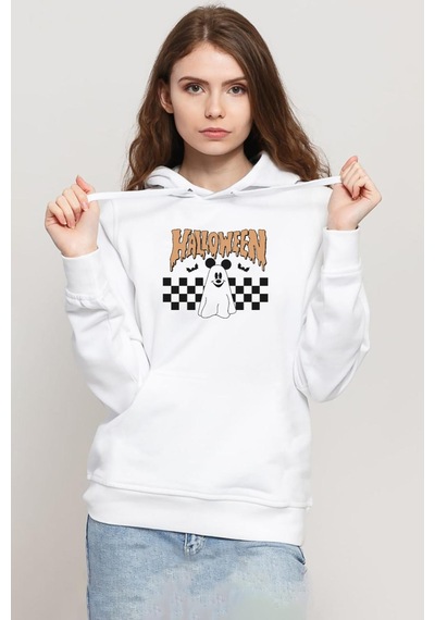 Halloween Mickey Ghost Beyaz Kadın 3ip Kapşonlu Sweatshirt 001