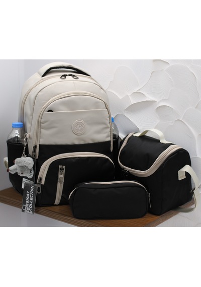 İlk Okul Çantası 3'lü Seti Unisex Çocuk İlkokul Çantası Gry-8010 Bej-siyah Bej