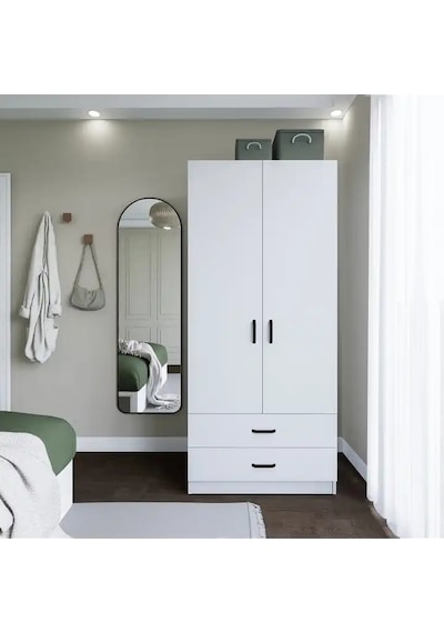 Yaman 80 Cm Mat Beyaz 2 Kapaklı 2 Çekmeceli Elbise Dolabı - Gardırop Beyaz