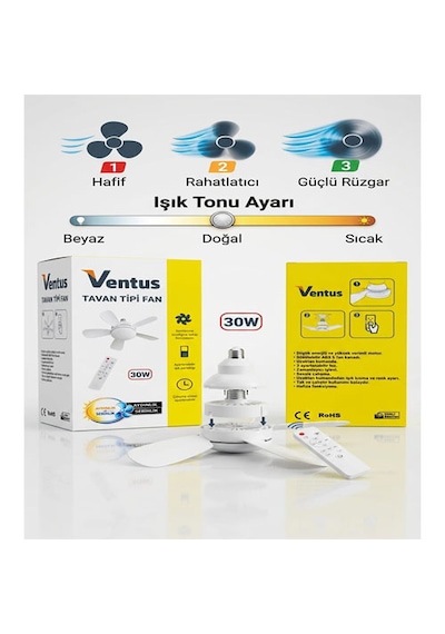 Ventus Sessiz Çalışma 6 Kanat Ve Işıklı Uzaktan Kumandalı Tavan Tipi Vantilatör-tavan Fanı 40w