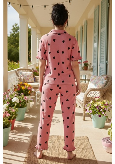 Siyah İnci Bürümcük-krınkıl Büyük Beden Düğmeli Pijama Takım26120826 Pembe