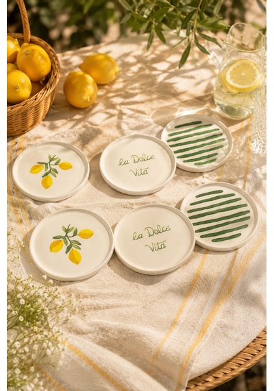 Amalfi 6 Lı Seramik Pasta Ve Servis Tabağı Seti 20 Cm Limon Desenli Akdeniz Sofra Takımı Beyaz