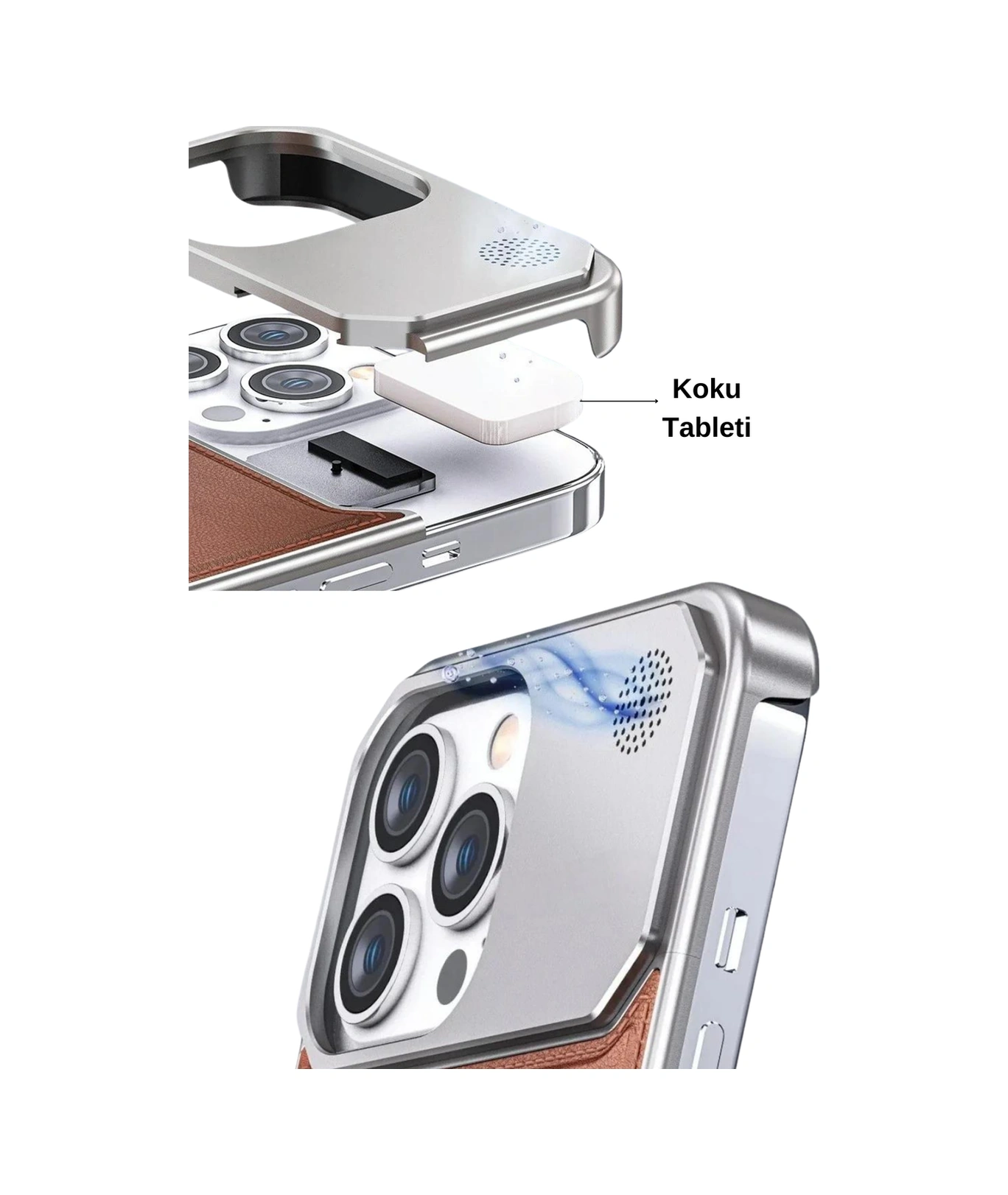 Therock 15 Pro Max Magsafe Özellikli Alüminyum Alaşımlı Hakiki Deri,kokulu Metal Kızaklı Telefon Kılıfı Açık Kahverengi