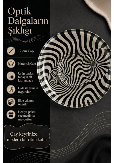 6 Lı Cam Çay Tabağı Siyah Krem Optik Dalga Desenli 12 Cm 6 Adet Çay Tabak