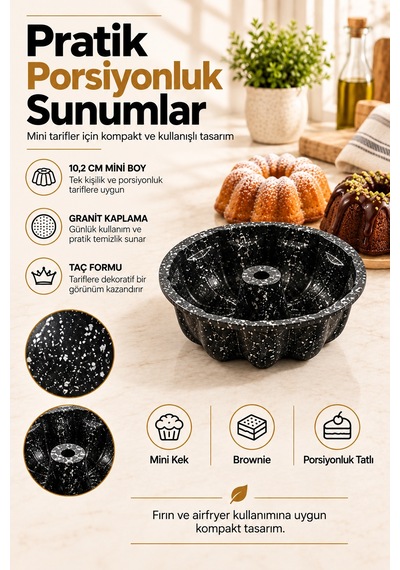 Mini Taç Kek Kalıbı 10 Cm, Granit Kaplamalı Porsiyonluk Tekli Kek Kalıbı Siyah