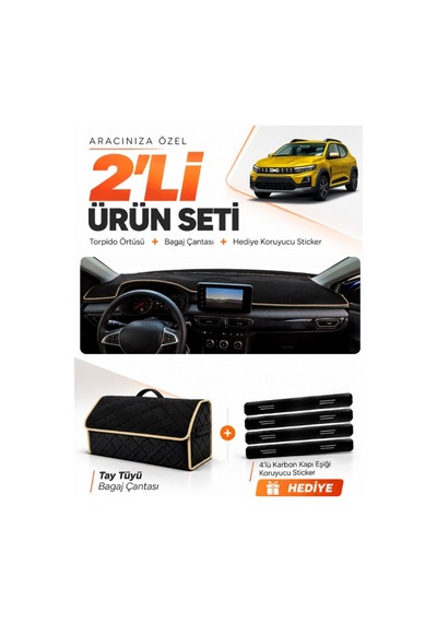 Dacıa Sandero 2022-2026 Ekranlı Uyumlu Torpido Örtüsü + Tay Tüyü Bagaj Çantası Seti - Siyah Bej
