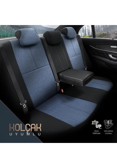 Voyager Design Boyun Ve Bel Destekli Premium Deri-keten Ultra Konforlu Universal Oto Koltuk Kılıfı Tam Set Mavi Genel