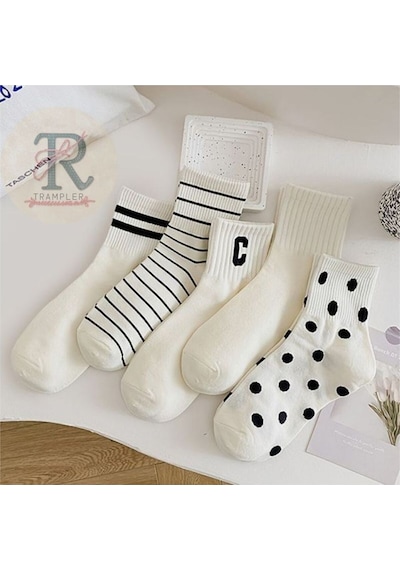 Trampler Sade Çizgili Benekli Unisex Çorap Soket 5 Çift Beyaz Siyah Beyaz