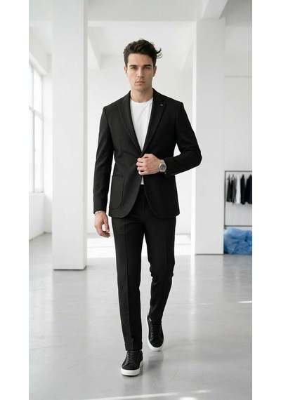 Erkek Yazlık Dokulu Kumaş Tek Düğme Ceketli Jogger Pantolonlu Takım Elbise Slim Fit Spor Şık Kombin Siyah