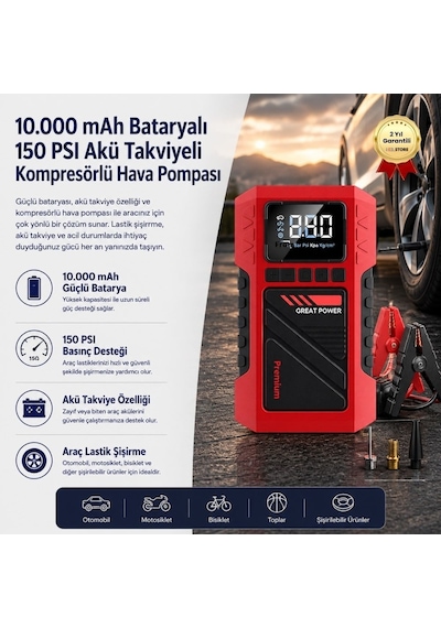 10.000 Mah Bataryalı 150 Psı Akü Takviyeli Kompresörlü Hava Pompası-1671
