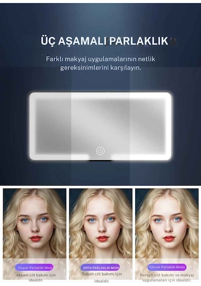 Techtic Araç İçi Led Işıklı Makyaj Aynası Dokunmatik Şarjlı 3 Modlu Hd Güneşlik Aynası 23,5-12,7 Cm Beyaz